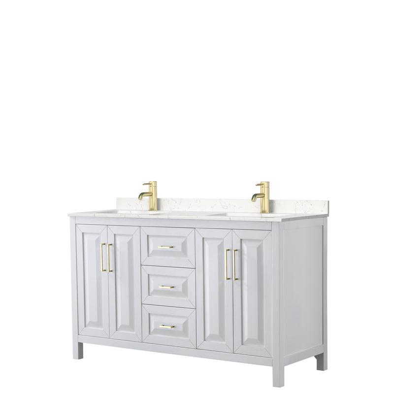 Wyndham Daria 60" Double Bathroom Vanity In White Light-Vein Carrara Cultured Marble Countertop Undermount Square Sinks Brushed Gold Trims And No Mirror WCV252560DWGC2UNSMXX