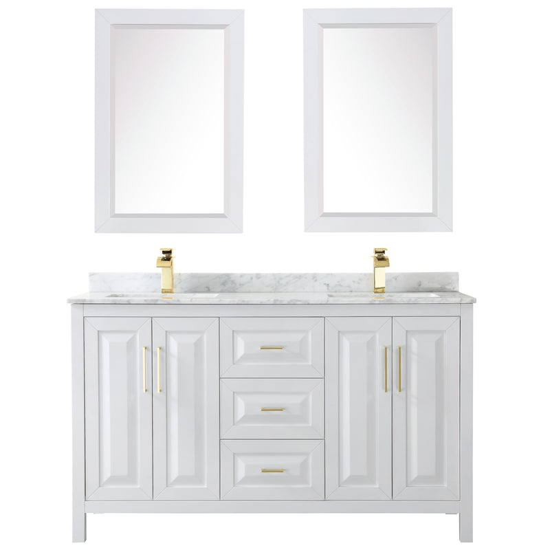 Wyndham Daria 60" Double Bathroom Vanity In White White Carrara Marble Countertop Undermount Square Sinks Brushed Gold Trims and 24" Mirrors WCV252560DWGCMUNSM24