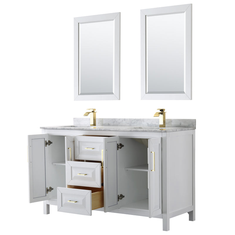 Wyndham Daria 60" Double Bathroom Vanity In White White Carrara Marble Countertop Undermount Square Sinks Brushed Gold Trims and 24" Mirrors WCV252560DWGCMUNSM24