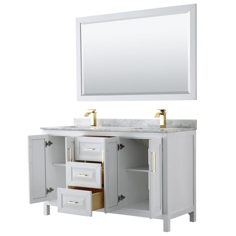 Wyndham Daria 60" Double Bathroom Vanity In White White Carrara Marble Countertop Undermount Square Sinks Brushed Gold Trims and 58" Mirror WCV252560DWGCMUNSM58