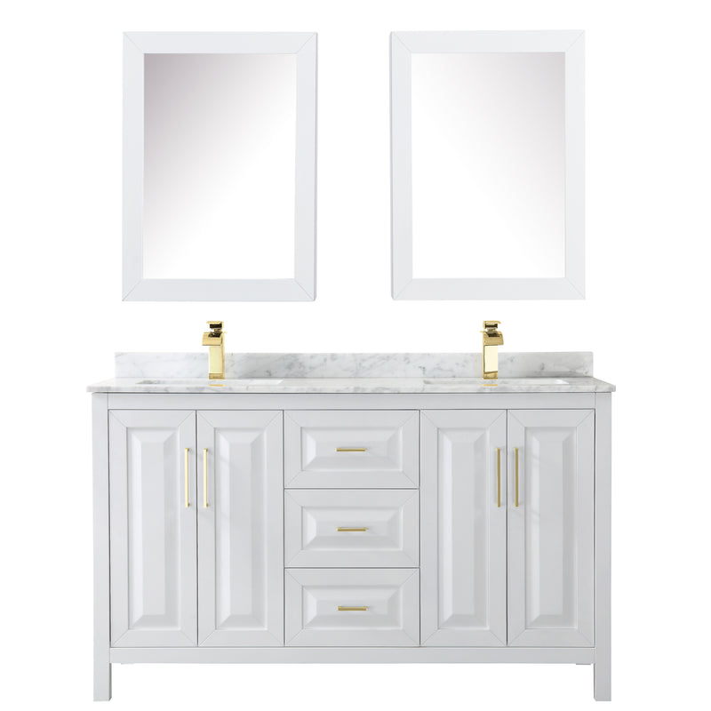 Wyndham Daria 60" Double Bathroom Vanity In White White Carrara Marble Countertop Undermount Square Sinks Brushed Gold Trims and Medicine Cabinets WCV252560DWGCMUNSMED