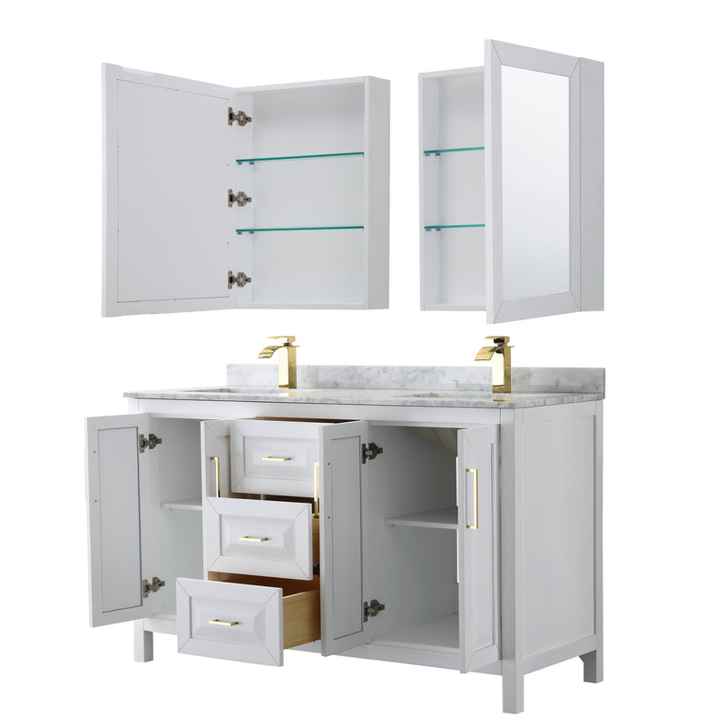 Wyndham Daria 60" Double Bathroom Vanity In White White Carrara Marble Countertop Undermount Square Sinks Brushed Gold Trims and Medicine Cabinets WCV252560DWGCMUNSMED