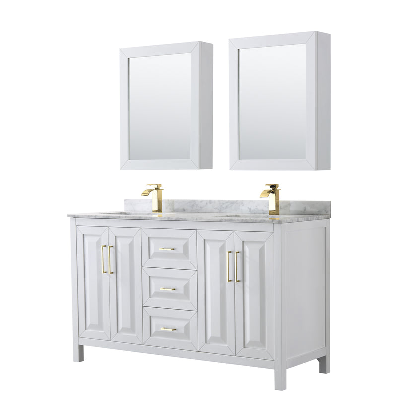 Wyndham Daria 60" Double Bathroom Vanity In White White Carrara Marble Countertop Undermount Square Sinks Brushed Gold Trims And Medicine Cabinets WCV252560DWGCMUNSMED