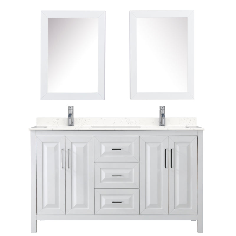 Wyndham Daria 60" Double Bathroom Vanity In White Light-Vein Carrara Cultured Marble Countertop Undermount Square Sinks and Medicine Cabinets WCV252560DWHC2UNSMED