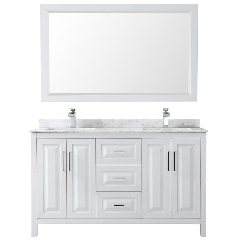 Wyndham Daria 60" Double Bathroom Vanity In White White Carrara Marble Countertop Undermount Square Sink and 58" Mirror WCV252560DWHCMUNSM58