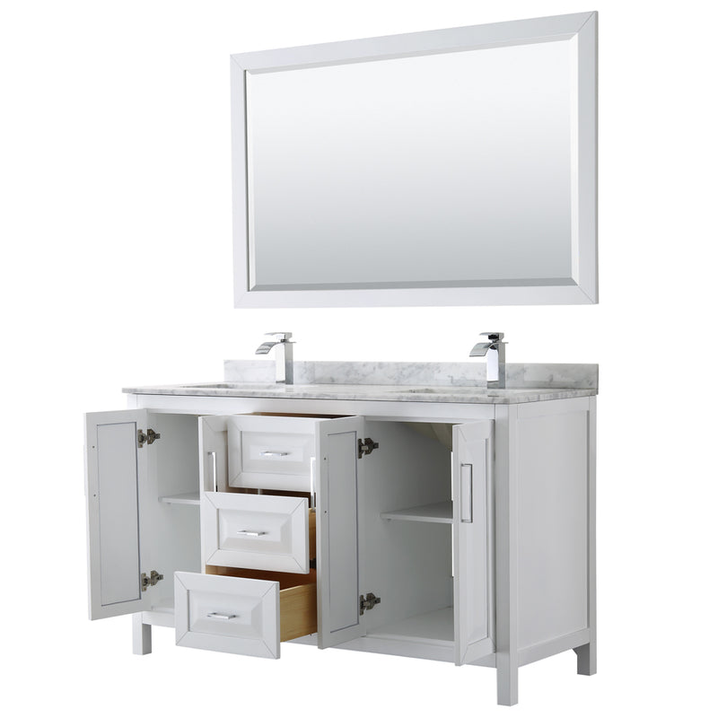 Wyndham Daria 60" Double Bathroom Vanity In White White Carrara Marble Countertop Undermount Square Sink and 58" Mirror WCV252560DWHCMUNSM58