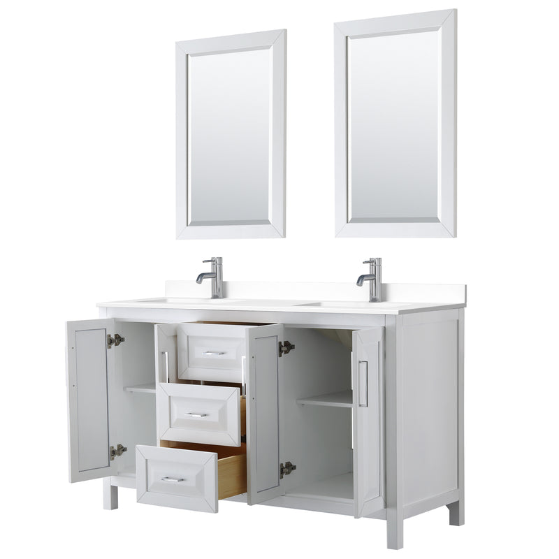 Wyndham Daria 60" Double Bathroom Vanity In White White Cultured Marble Countertop Undermount Square Sinks and 24" Mirrors WCV252560DWHWCUNSM24