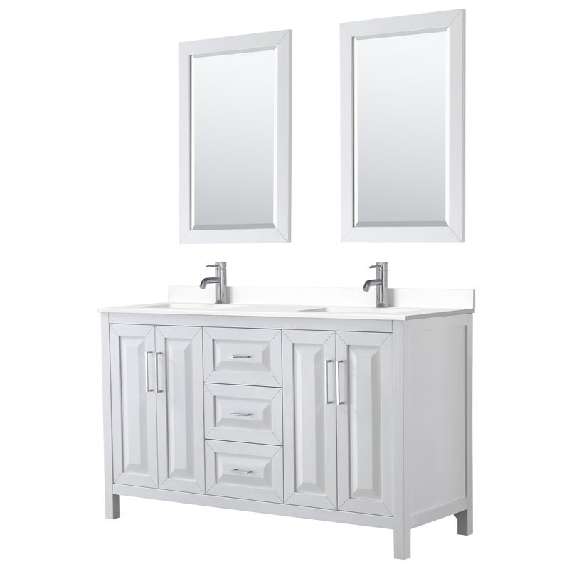 Wyndham Daria 60" Double Bathroom Vanity In White White Cultured Marble Countertop Undermount Square Sinks And 24" Mirrors WCV252560DWHWCUNSM24