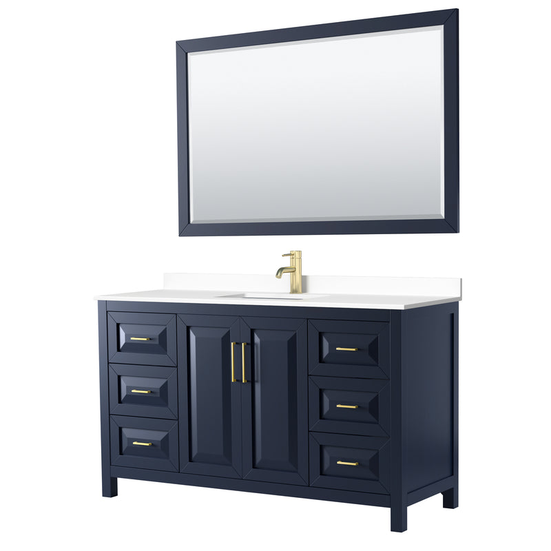 Wyndham Daria 60" Single Bathroom Vanity In Dark Blue White Cultured Marble Countertop Undermount Square Sink And 58" Mirror WCV252560SBLWCUNSM58