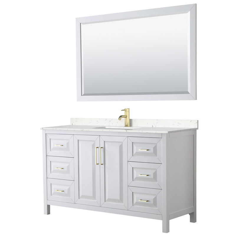 Wyndham Daria 60" Single Bathroom Vanity In White Light-Vein Carrara Cultured Marble Countertop Undermount Square Sink Brushed Gold Trims And 58" Mirror WCV252560SWGC2UNSM58