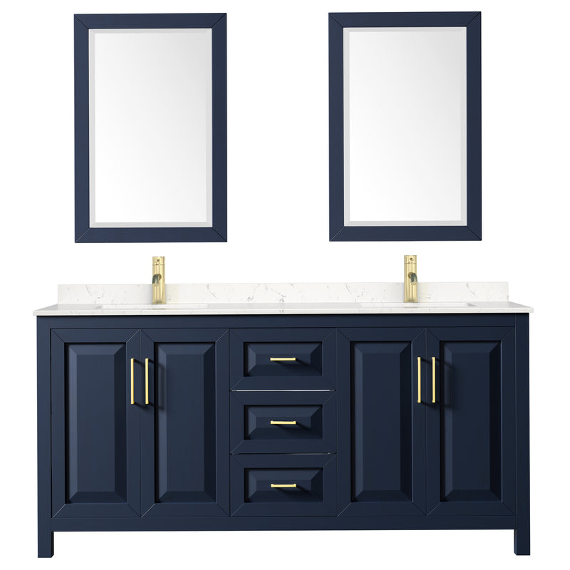 Wyndham Daria 72" Double Bathroom Vanity In Dark Blue Light-Vein Carrara Cultured Marble Countertop Undermount Square Sinks and 24" Mirrors WCV252572DBLC2UNSM24