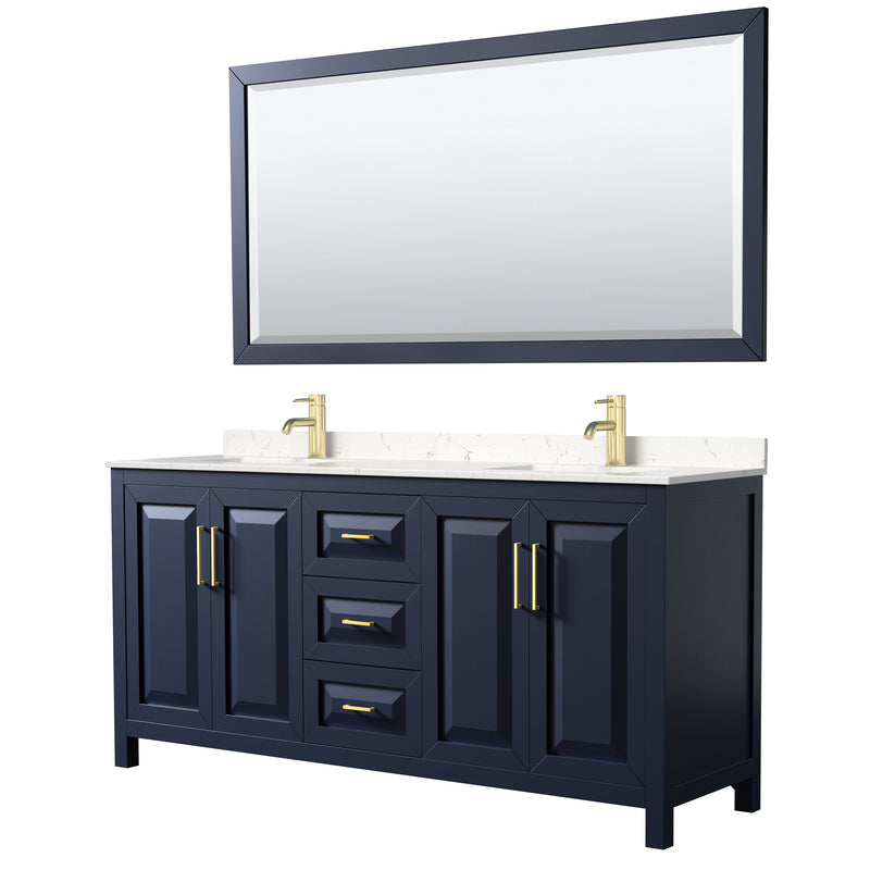 Wyndham Daria 72" Double Bathroom Vanity In Dark Blue Light-Vein Carrara Cultured Marble Countertop Undermount Square Sinks And 70" Mirror WCV252572DBLC2UNSM70