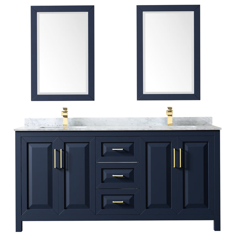 Wyndham Daria 72" Double Bathroom Vanity In Dark Blue White Carrara Marble Countertop Undermount Square Sinks and 24" Mirrors WCV252572DBLCMUNSM24