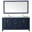 Wyndham Daria 72" Double Bathroom Vanity In Dark Blue White Carrara Marble Countertop Undermount Square Sinks and 70" Mirror WCV252572DBLCMUNSM70