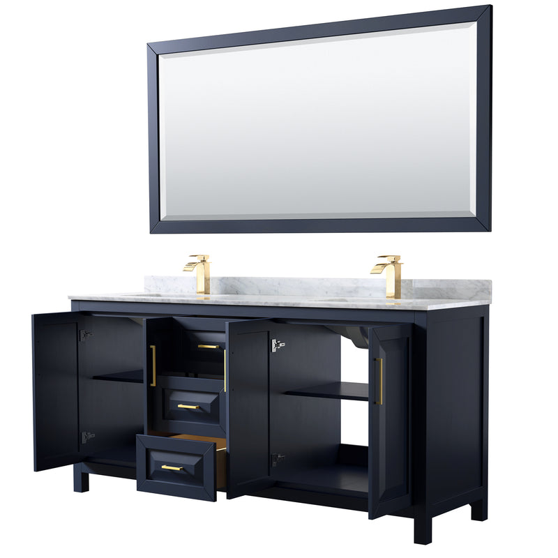 Wyndham Daria 72" Double Bathroom Vanity In Dark Blue White Carrara Marble Countertop Undermount Square Sinks and 70" Mirror WCV252572DBLCMUNSM70