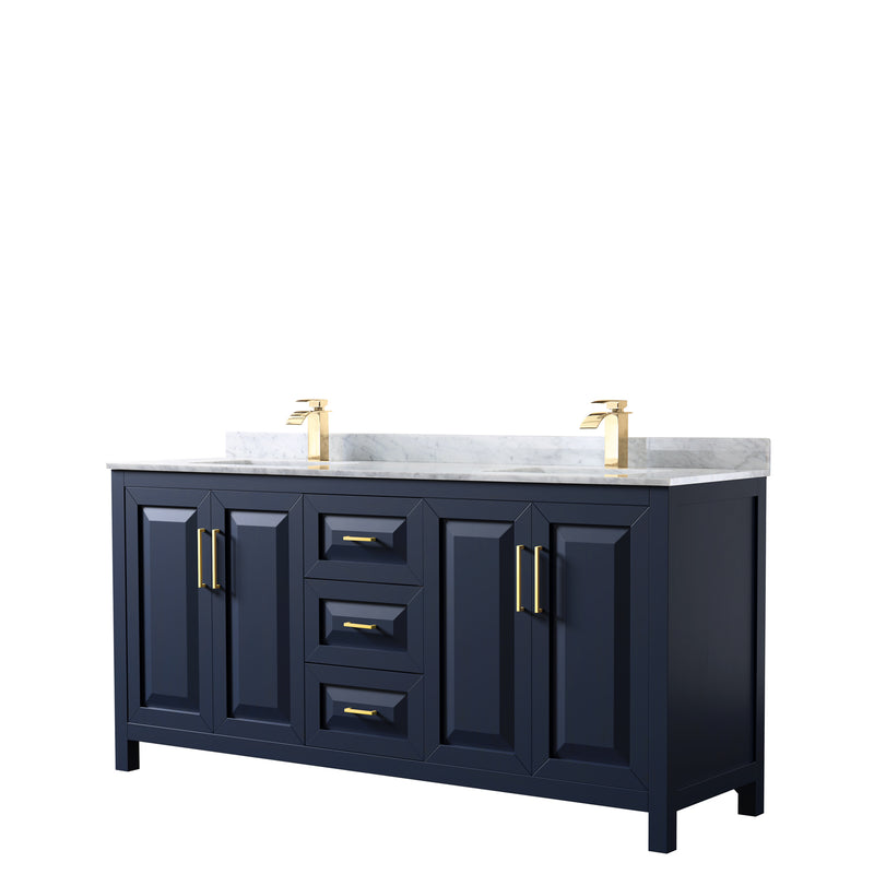 Wyndham Daria 72" Double Bathroom Vanity In Dark Blue White Carrara Marble Countertop Undermount Square Sinks And No Mirror WCV252572DBLCMUNSMXX