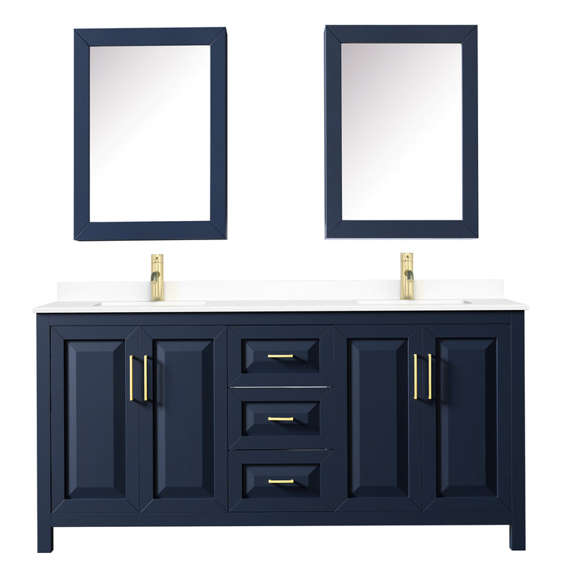 Wyndham Daria 72" Double Bathroom Vanity In Dark Blue White Cultured Marble Countertop Undermount Square Sinks and Medicine Cabinets WCV252572DBLWCUNSMED