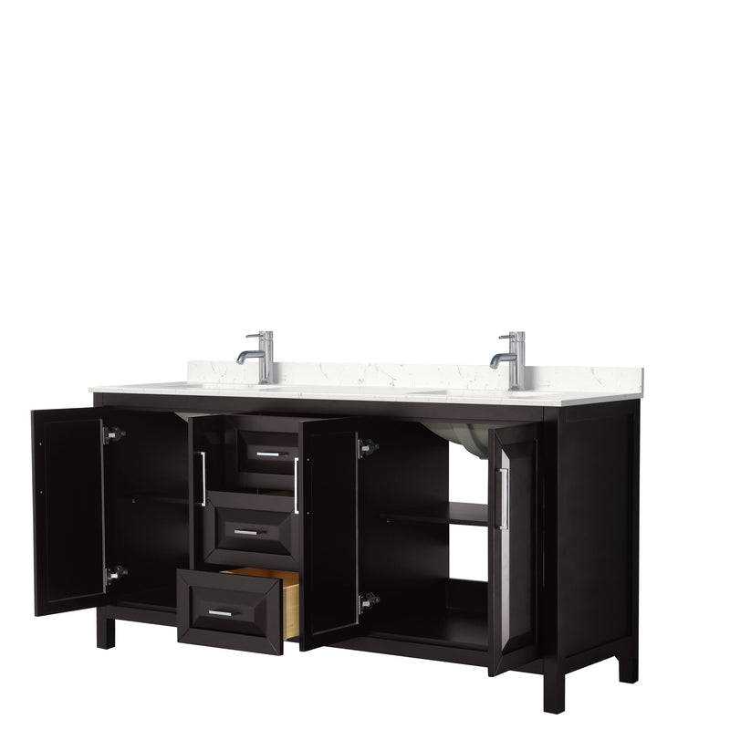 Wyndham Daria 72" Double Bathroom Vanity In Dark Espresso Light-Vein Carrara Cultured Marble Countertop Undermount Square Sinks and No Mirror WCV252572DDEC2UNSMXX