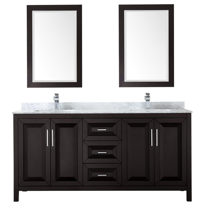 Wyndham Daria 72" Double Bathroom Vanity In Dark Espresso White Carrara Marble Countertop Undermount Square Sink and 24" Mirror WCV252572DDECMUNSM24