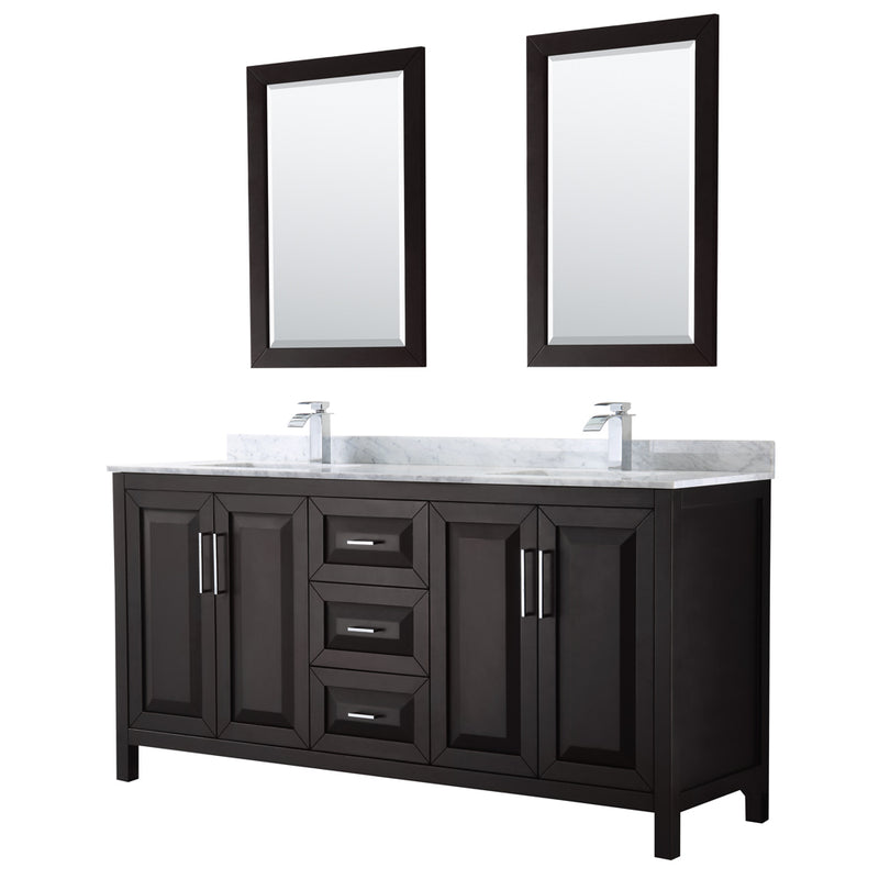 Wyndham Daria 72" Double Bathroom Vanity In Dark Espresso White Carrara Marble Countertop Undermount Square Sink And 24" Mirror WCV252572DDECMUNSM24