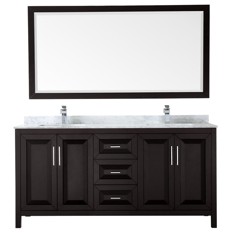 Wyndham Daria 72" Double Bathroom Vanity In Dark Espresso White Carrara Marble Countertop Undermount Square Sink and 70" Mirror WCV252572DDECMUNSM70