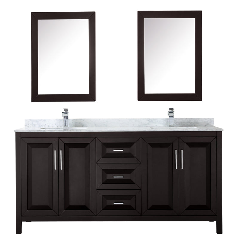 Wyndham Daria 72" Double Bathroom Vanity In Dark Espresso White Carrara Marble Countertop Undermount Square Sink and Medicine Cabinet WCV252572DDECMUNSMED