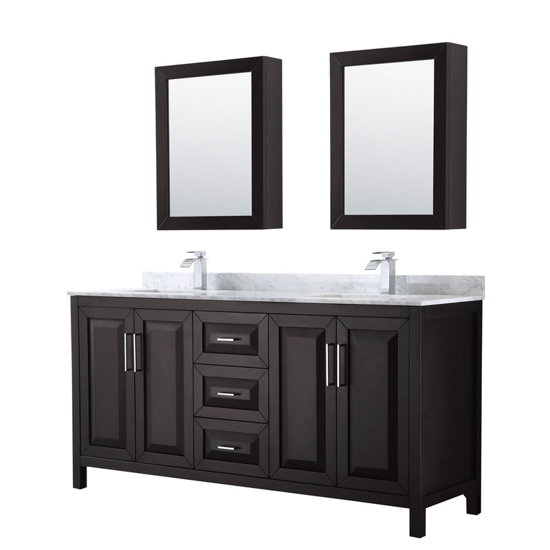 Wyndham Daria 72" Double Bathroom Vanity In Dark Espresso White Carrara Marble Countertop Undermount Square Sink And Medicine Cabinet WCV252572DDECMUNSMED