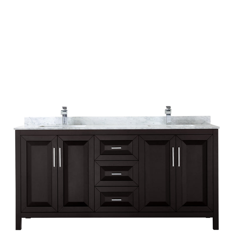 Wyndham Daria 72" Double Bathroom Vanity In Dark Espresso White Carrara Marble Countertop Undermount Square Sink and No Mirror WCV252572DDECMUNSMXX