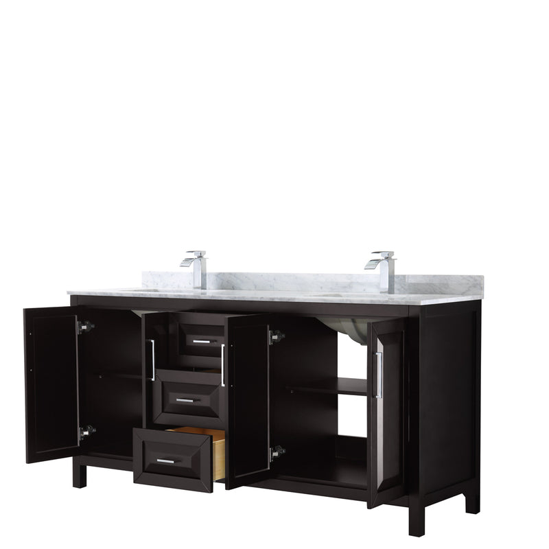 Wyndham Daria 72" Double Bathroom Vanity In Dark Espresso White Carrara Marble Countertop Undermount Square Sink and No Mirror WCV252572DDECMUNSMXX