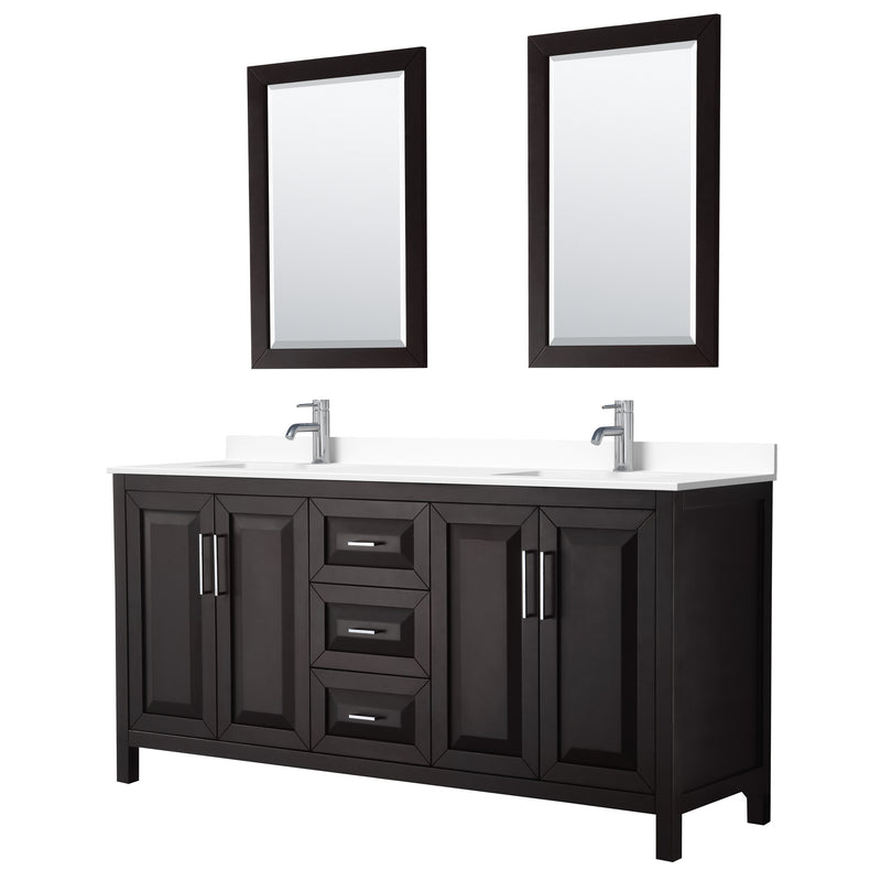 Wyndham Daria 72" Double Bathroom Vanity In Dark Espresso White Cultured Marble Countertop Undermount Square Sinks And 24" Mirrors WCV252572DDEWCUNSM24