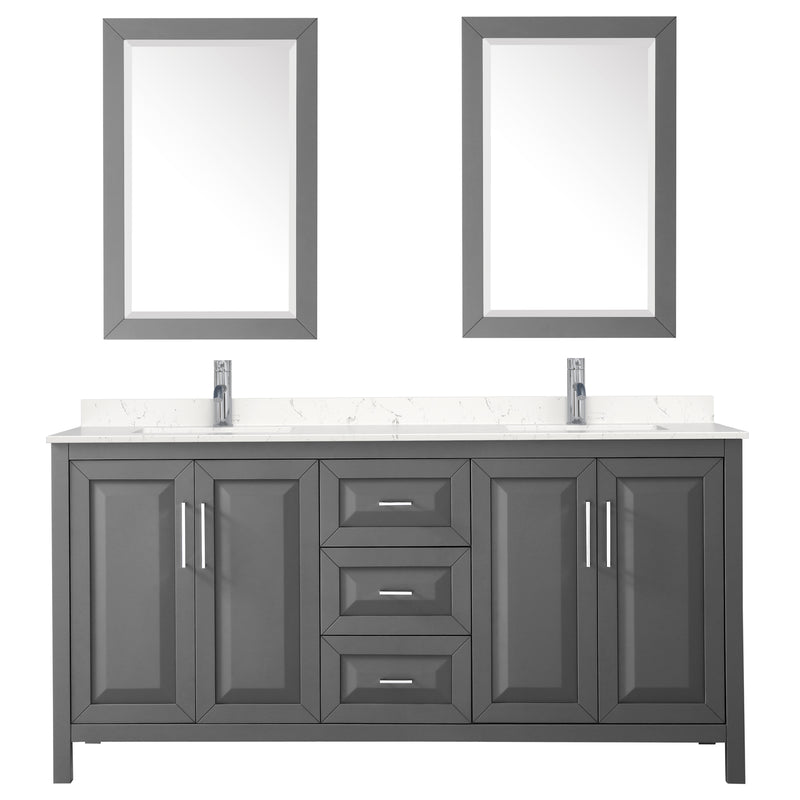 Wyndham Daria 72" Double Bathroom Vanity In Dark Gray Light-Vein Carrara Cultured Marble Countertop Undermount Square Sinks and 24" Mirrors WCV252572DKGC2UNSM24