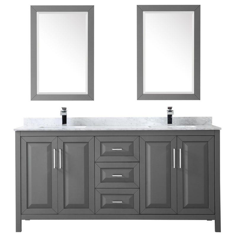 Wyndham Daria 72" Double Bathroom Vanity In Dark Gray White Carrara Marble Countertop Undermount Square Sink and 24" Mirror WCV252572DKGCMUNSM24