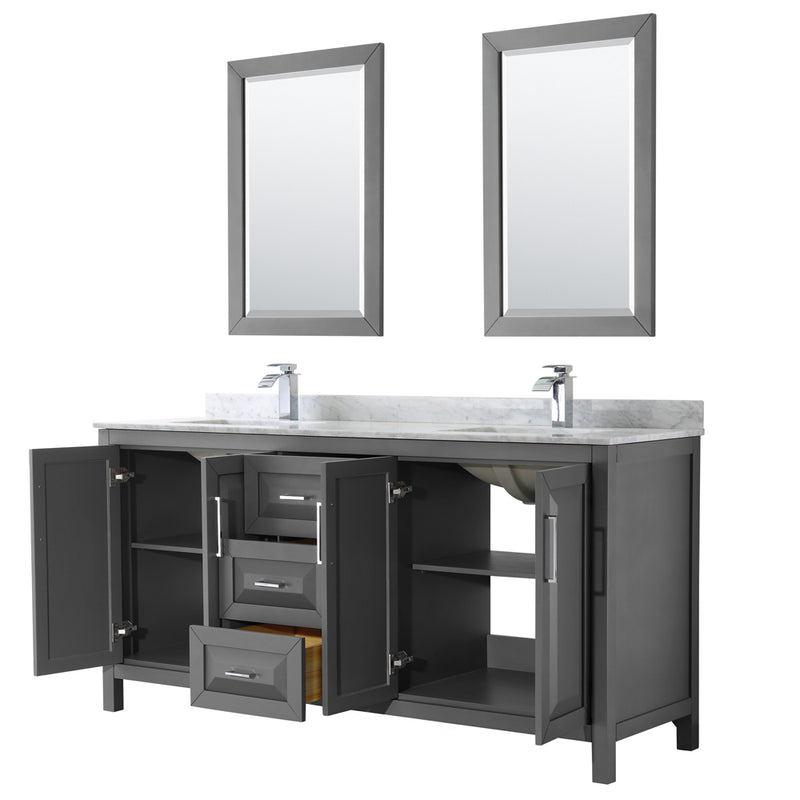 Wyndham Daria 72" Double Bathroom Vanity In Dark Gray White Carrara Marble Countertop Undermount Square Sink and 24" Mirror WCV252572DKGCMUNSM24