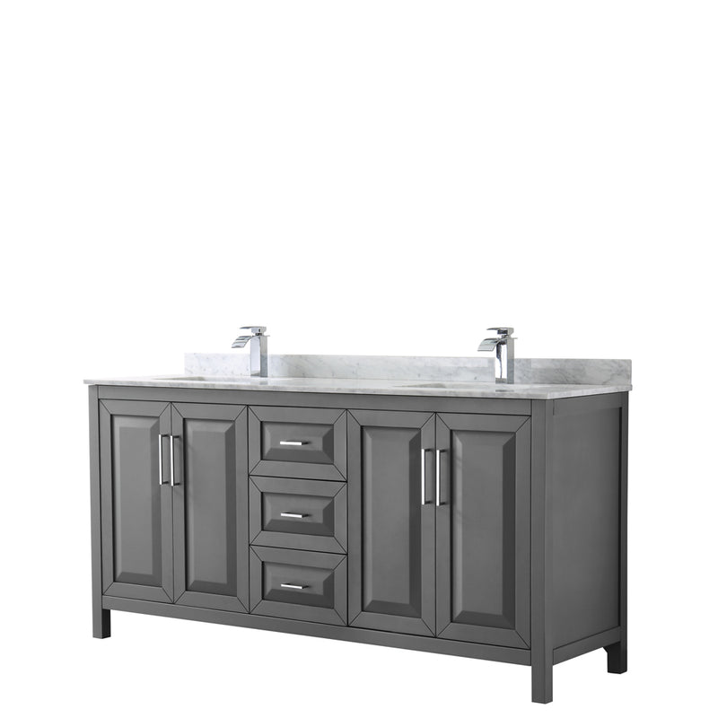 Wyndham Daria 72" Double Bathroom Vanity In Dark Gray White Carrara Marble Countertop Undermount Square Sink And No Mirror WCV252572DKGCMUNSMXX