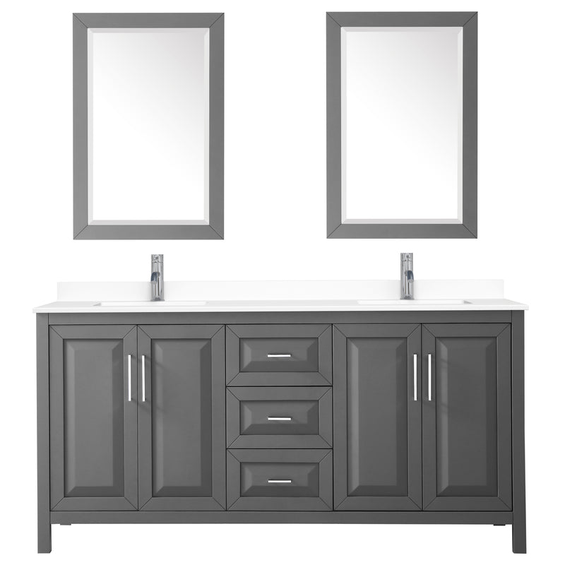 Wyndham Daria 72" Double Bathroom Vanity In Dark Gray White Cultured Marble Countertop Undermount Square Sinks and 24" Mirrors WCV252572DKGWCUNSM24