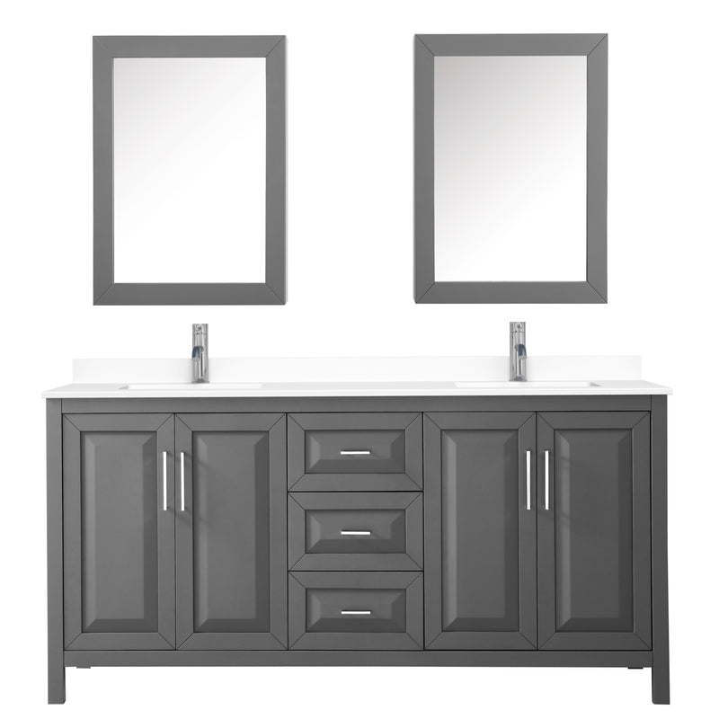 Wyndham Daria 72" Double Bathroom Vanity In Dark Gray White Cultured Marble Countertop Undermount Square Sinks and Medicine Cabinets WCV252572DKGWCUNSMED