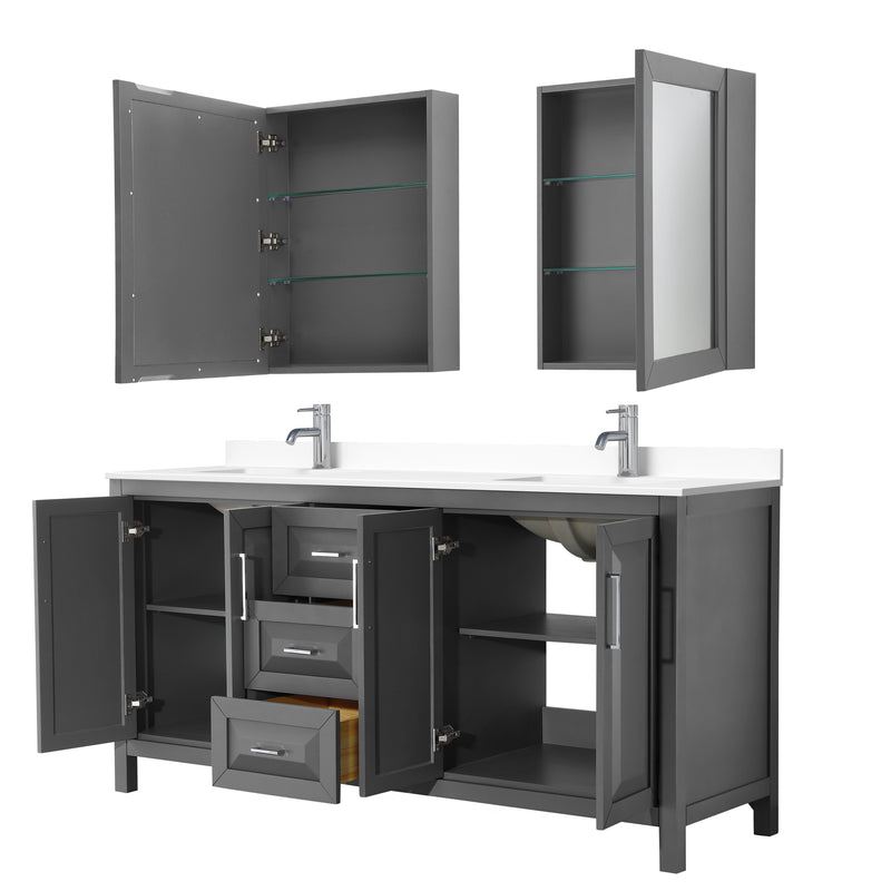 Wyndham Daria 72" Double Bathroom Vanity In Dark Gray White Cultured Marble Countertop Undermount Square Sinks and Medicine Cabinets WCV252572DKGWCUNSMED