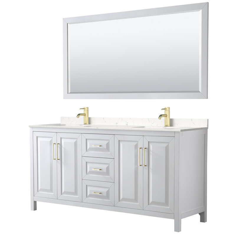 Wyndham Daria 72" Double Bathroom Vanity In White Light-Vein Carrara Cultured Marble Countertop Undermount Square Sinks Brushed Gold Trims And 70" Mirror WCV252572DWGC2UNSM70