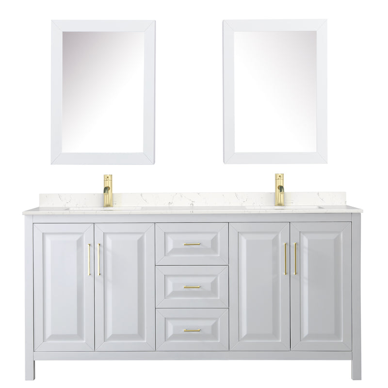 Wyndham Daria 72" Double Bathroom Vanity In White Light-Vein Carrara Cultured Marble Countertop Undermount Square Sinks Brushed Gold Trims and Medicine Cabinets WCV252572DWGC2UNSMED