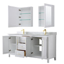 Wyndham Daria 72" Double Bathroom Vanity In White White Carrara Marble Countertop Undermount Square Sinks Brushed Gold Trims and Medicine Cabinets WCV252572DWGCMUNSMED