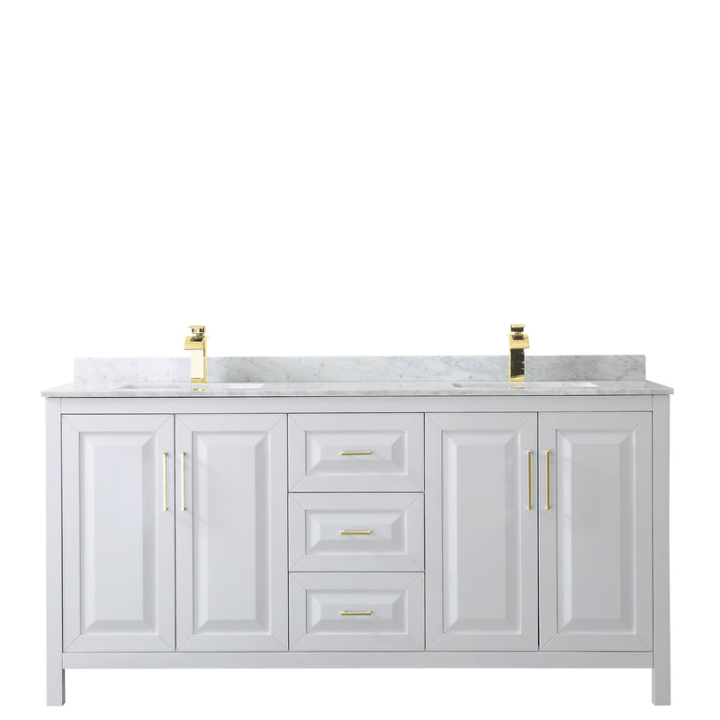 Wyndham Daria 72" Double Bathroom Vanity In White White Carrara Marble Countertop Undermount Square Sinks Brushed Gold Trims and No Mirror WCV252572DWGCMUNSMXX