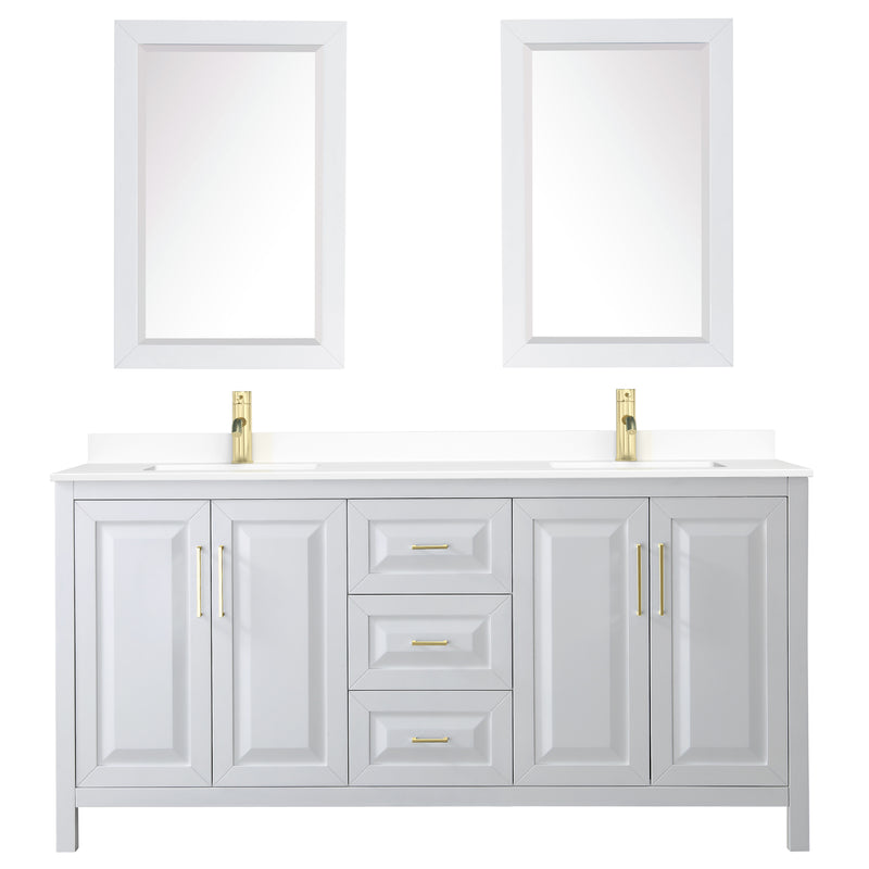 Wyndham Daria 72" Double Bathroom Vanity In White White Cultured Marble Countertop Undermount Square Sinks Brushed Gold Trims and 24" Mirrors WCV252572DWGWCUNSM24