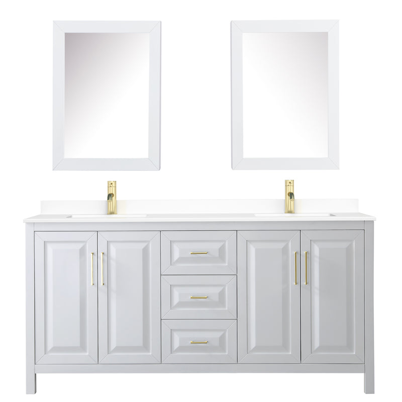 Wyndham Daria 72" Double Bathroom Vanity In White White Cultured Marble Countertop Undermount Square Sinks Brushed Gold Trims and Medicine Cabinets WCV252572DWGWCUNSMED