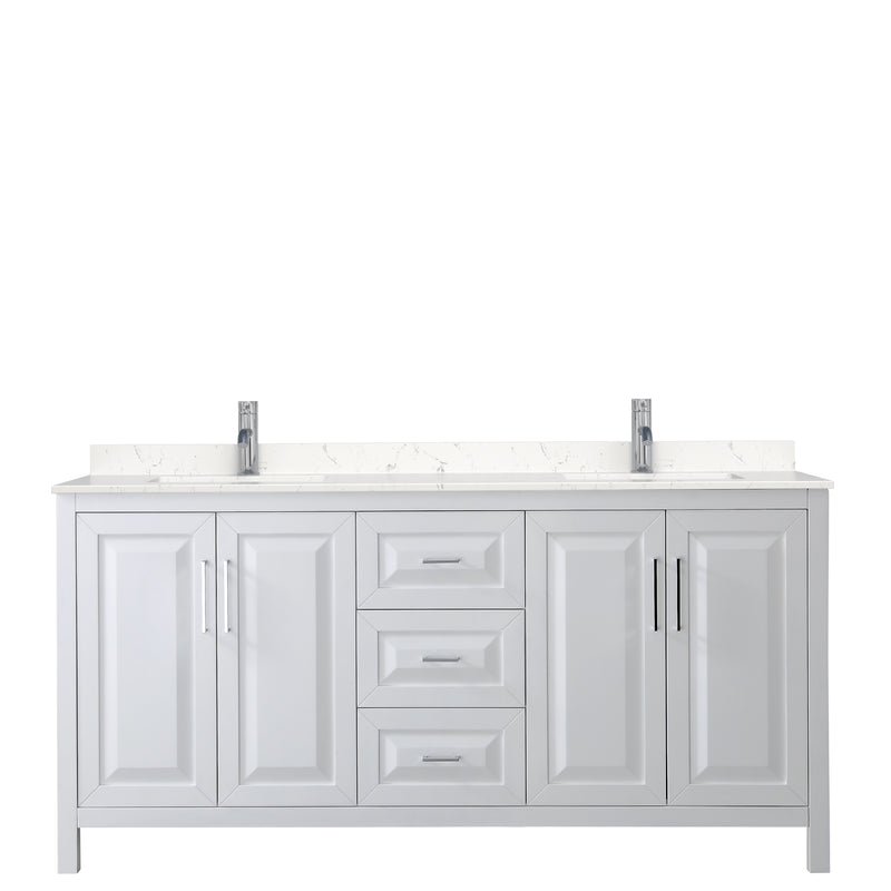 Wyndham Daria 72" Double Bathroom Vanity In White Light-Vein Carrara Cultured Marble Countertop Undermount Square Sinks and No Mirror WCV252572DWHC2UNSMXX