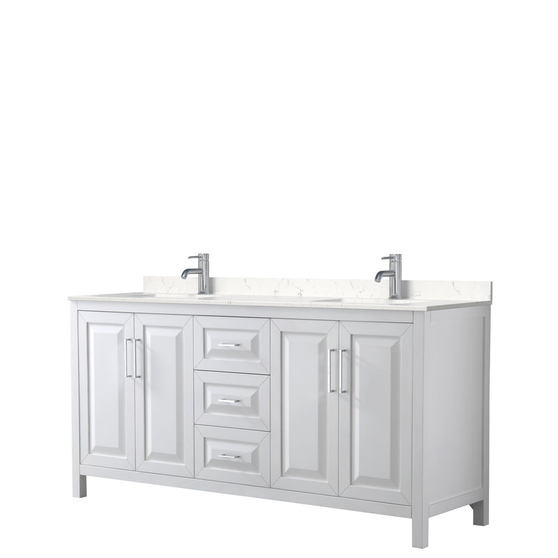 Wyndham Daria 72" Double Bathroom Vanity In White Light-Vein Carrara Cultured Marble Countertop Undermount Square Sinks And No Mirror WCV252572DWHC2UNSMXX