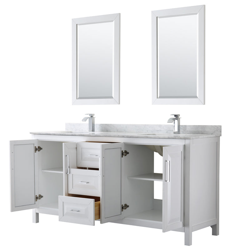 Wyndham Daria 72" Double Bathroom Vanity In White White Carrara Marble Countertop Undermount Square Sink and 24" Mirror WCV252572DWHCMUNSM24