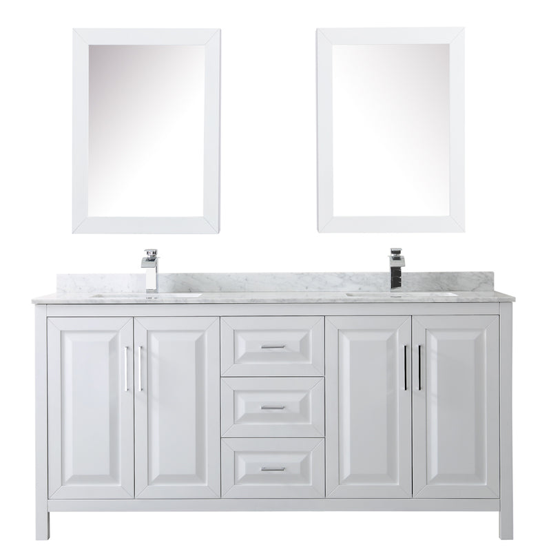 Wyndham Daria 72" Double Bathroom Vanity In White White Carrara Marble Countertop Undermount Square Sink and Medicine Cabinet WCV252572DWHCMUNSMED