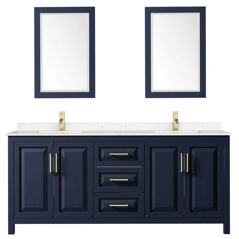 Wyndham Daria 80" Double Bathroom Vanity In Dark Blue Light-Vein Carrara Cultured Marble Countertop Undermount Square Sinks and 24" Mirrors WCV252580DBLC2UNSM24