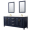 Wyndham Daria 80" Double Bathroom Vanity In Dark Blue Light-Vein Carrara Cultured Marble Countertop Undermount Square Sinks And 24" Mirrors WCV252580DBLC2UNSM24