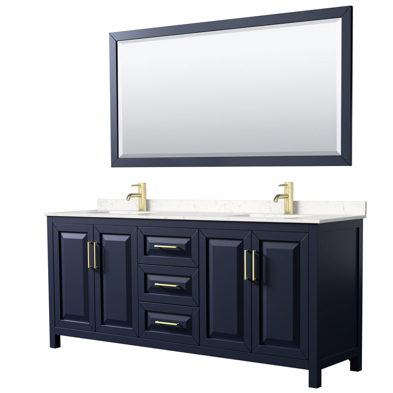 Wyndham Daria 80" Double Bathroom Vanity In Dark Blue Light-Vein Carrara Cultured Marble Countertop Undermount Square Sinks And 70" Mirror WCV252580DBLC2UNSM70